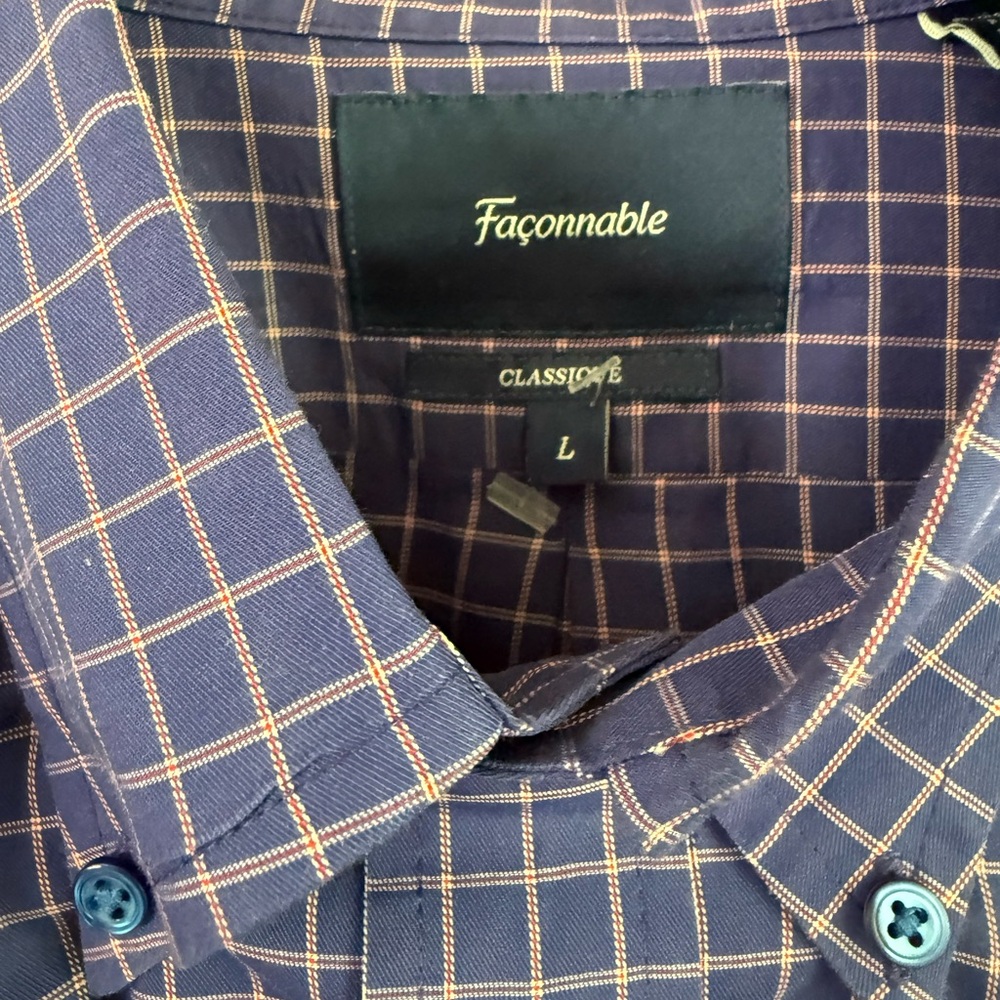 Faconnable Men’s Navy and White Windowpane Button-Down Shirt Size Large NWT - Picture 9 of 10